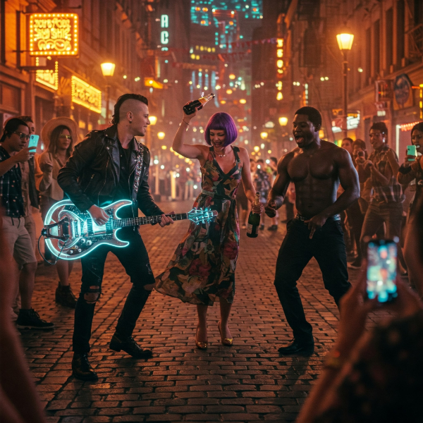 A futuristic street scene with a guitarist, a dancing woman, and a Michael Jackson dancer, all being recorded by onlookers.