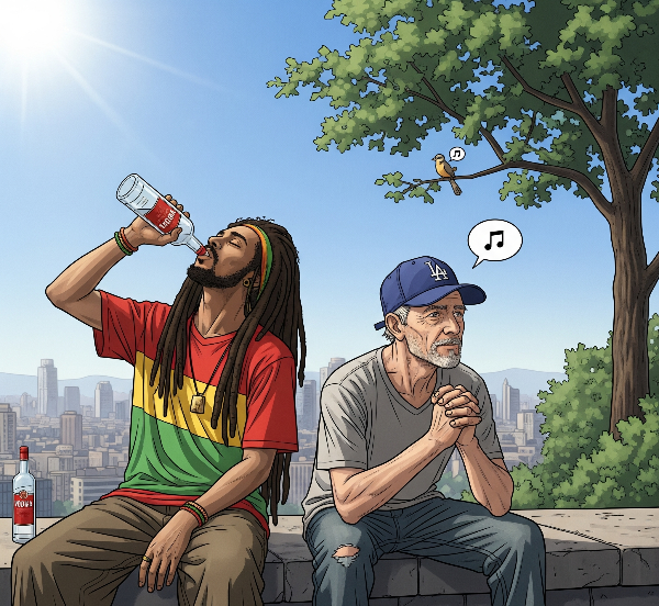 A painting of a Rasta man and an older man in an LA baseball cap sitting on a wall outside a city, with a bird on a branch