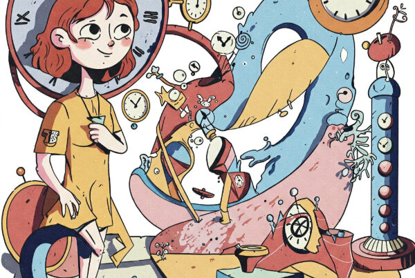 A vibrant cartoon image inspired by the poem, blending Dada and Hockney styles. A figure contemplates swirling abstract forms representing time and space, using bold colors and geometric shapes
