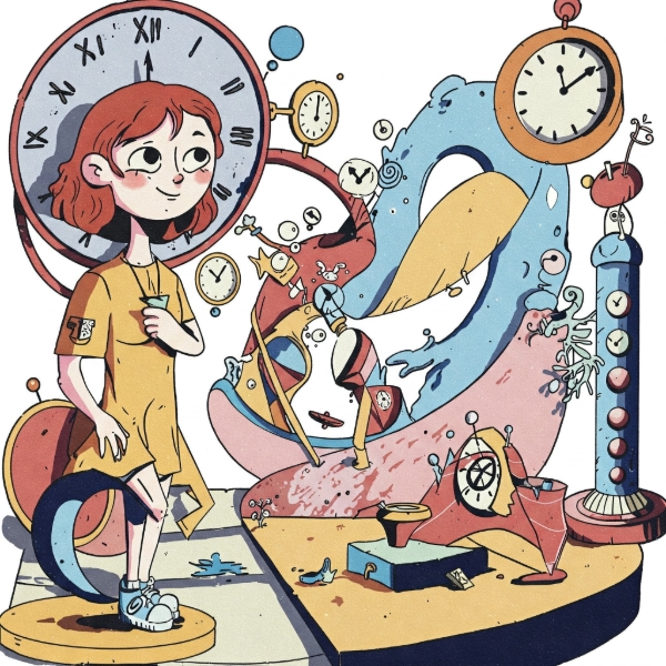 A vibrant cartoon image inspired by the poem, blending Dada and Hockney styles. A figure contemplates swirling abstract forms representing time and space, using bold colors and geometric shapes