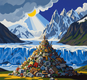 A towering glacier and mountains dwarf a pile of human artifacts, illuminated by sunlight breaking through clouds.
