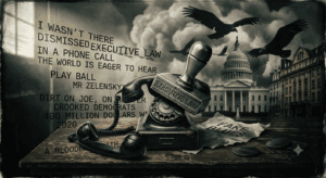 A vintage telephone and a broken "EXECUTIVE LAW" stamp rest on a desk against the backdrop of a stormy US Capitol Building. Vultures circle overhead while text from the poem overlays the scene, creating a tense, political atmosphere.