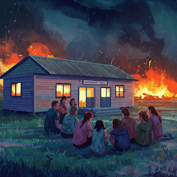 The image blends Impressionist, Hockney, and futuristic styles to depict the poem 'Storm Warnings'. It captures the essence of devastation, resilience, and community spirit through vibrant colors and dynamic composition, creating a striking and emotionally resonant scene