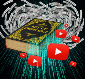 A black and yellow book merges with digital code and YouTube play buttons, surrounded by swirling text.