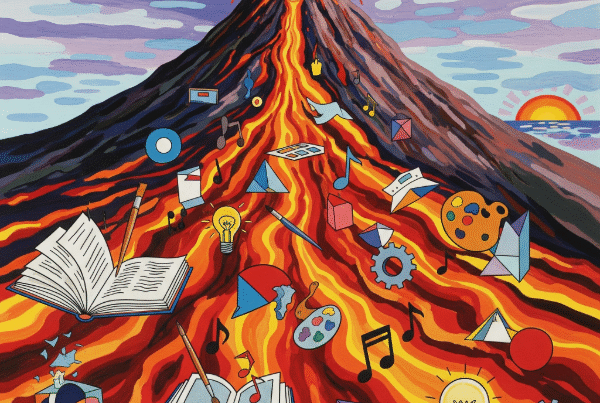 A stylized painting of a volcano erupting with a river of lava, containing books, lightbulbs, musical notes, and other objects representing creativity.