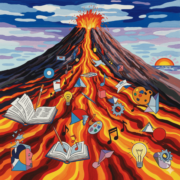 A stylized painting of a volcano erupting with a river of lava, containing books, lightbulbs, musical notes, and other objects representing creativity.