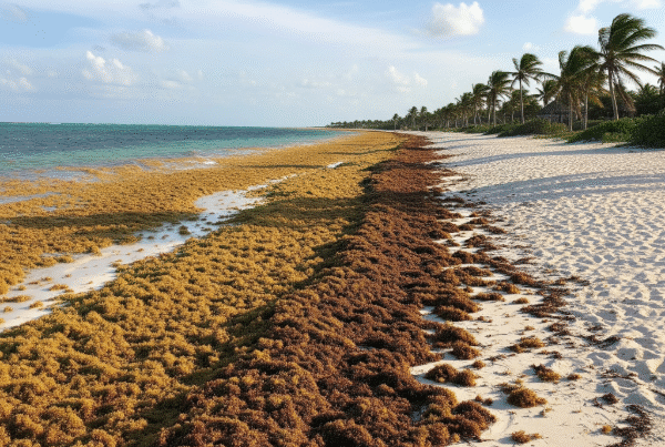 Sargassum seaweed covers a white sand beach in Quintana Roo, Mexico, with turquoise waters and palm trees in the background under a blue sky.