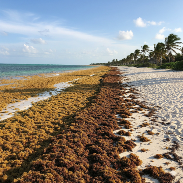 Sargassum seaweed covers a white sand beach in Quintana Roo, Mexico, with turquoise waters and palm trees in the background under a blue sky.