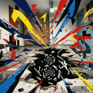 Fractured interior with a chasm, text from poem, and abstract colorful shards.