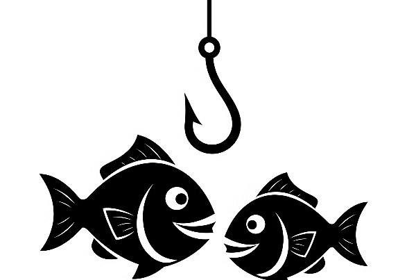Black and white image of two fish conversing as a fish hook descends.