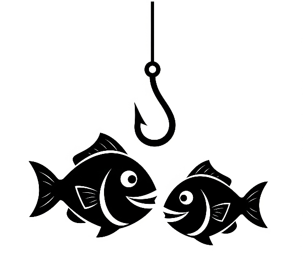 Black and white image of two fish conversing as a fish hook descends.