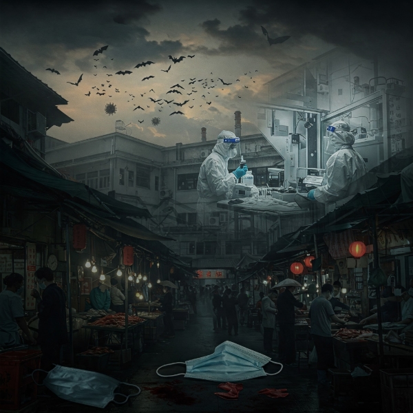 A wet market in Wuhan, with a laboratory in the background, suggesting a conspiracy. Bats are flying in the distance.