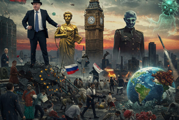 A chaotic cityscape under a fiery sky. Political figures loom large over scenes of unrest, war, and a looming virus. The globe cracks open amidst the turmoil.