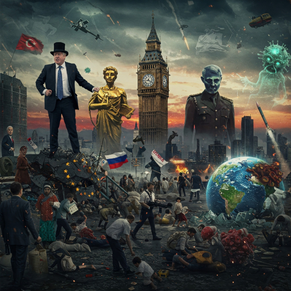 A chaotic cityscape under a fiery sky. Political figures loom large over scenes of unrest, war, and a looming virus. The globe cracks open amidst the turmoil.