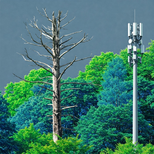 A high-contrast image depicts a dead tree next to vibrant green trees, with a 5G pole nearby, suggesting themes of resilience and the impact of technology.