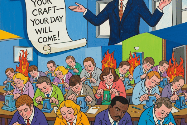 A colorful, stylized painting of a seminar room with an agent floating above a group of people, including one black man, who are all intensely sharpening pencils.