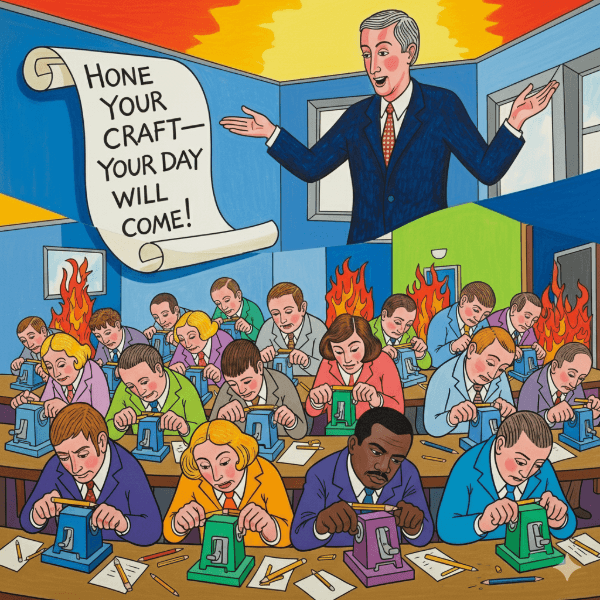 A colorful, stylized painting of a seminar room with an agent floating above a group of people, including one black man, who are all intensely sharpening pencils.