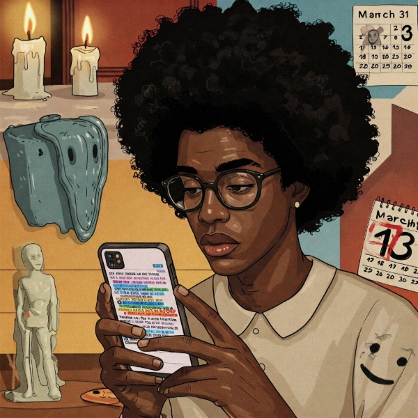 A Hockney-Dada image: Black person with afro and glasses looks at phone by melting candles and a March 3rd calendar. Fragmented texts and a faint smile suggest longing.