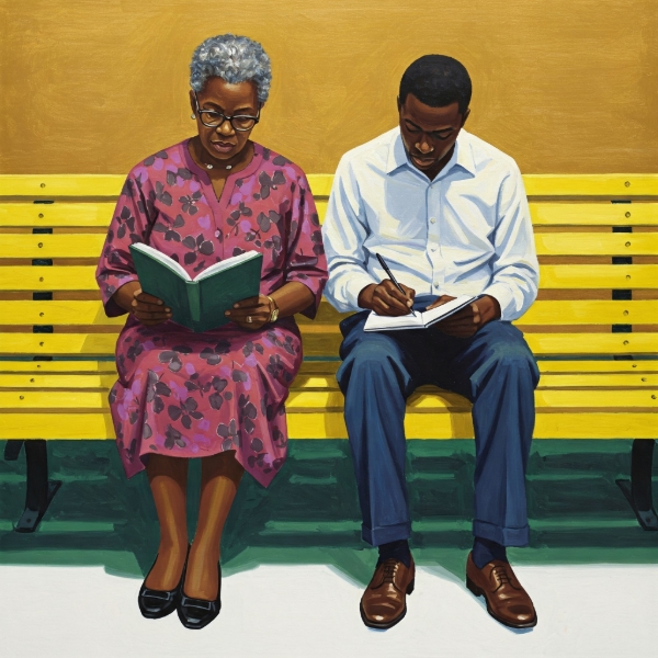 Black mother reading, son writing, yellow bench, white background, Hockney style.