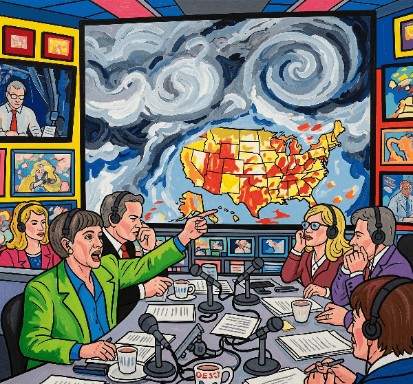 Crowded, colorful newsroom with commentators, a screen shows a storm and spreading unrest across a U.S. map.
