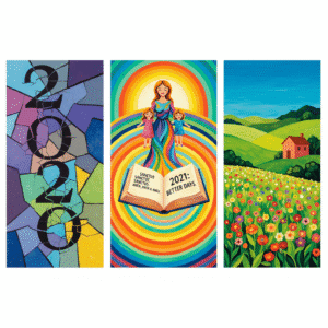 A vibrant triptych: fragmented "2020," a mother and children over a rainbow and book, and a serene house in a flower field.