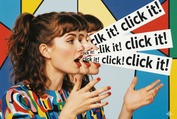 A woman with curly brown hair repeats "click it!" in speech bubbles against a colorful, geometric background.