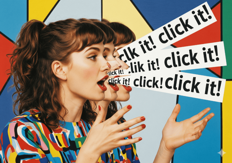 A woman with curly brown hair repeats "click it!" in speech bubbles against a colorful, geometric background.