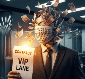 A figure in a suit has a head made of swirling £50 notes and a surgical mask, holding a glowing "VIP Lane" contract.