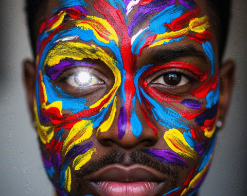 A portrait of a Black man with vivid face paint. One eye exudes a bright light.