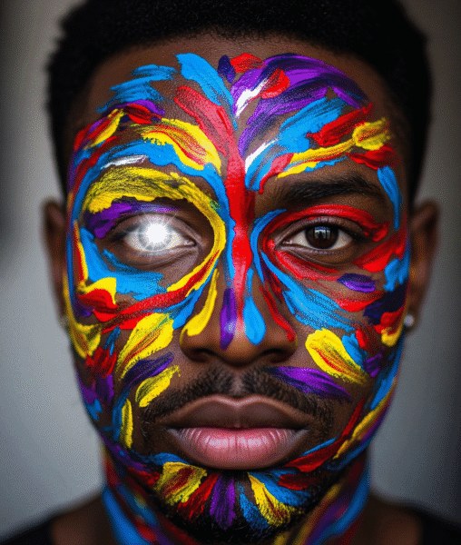 A portrait of a Black man with vivid face paint. One eye exudes a bright light.