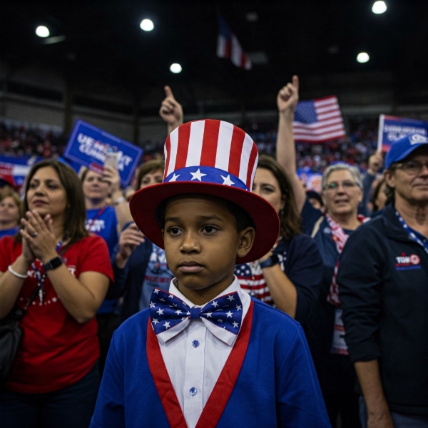 A young, brown-skinned boy at a Democratic rally looks sad, wearing a stars-and-stripes top hat and bow tie. The background is a crowded rally