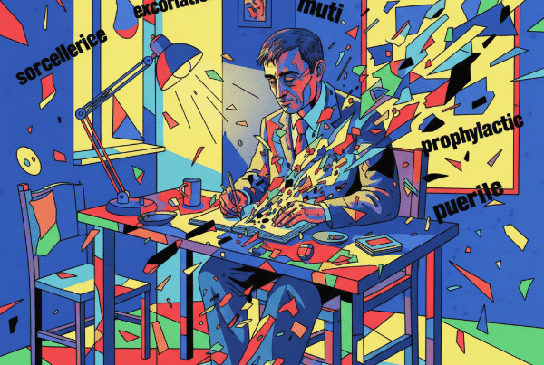 Abstract colorful shards bursting around a room with a man writing at a desk