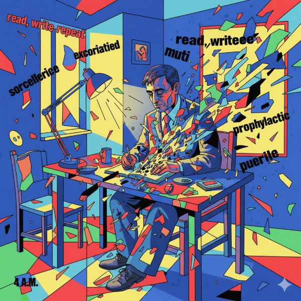 Abstract colorful shards bursting around a room with a man writing at a desk