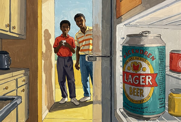 The image shows two Black characters in a sunlit kitchen, with a tin of beer in the refrigerator. It's in the vibrant, colorful style of David Hockney. Skendong Poetry