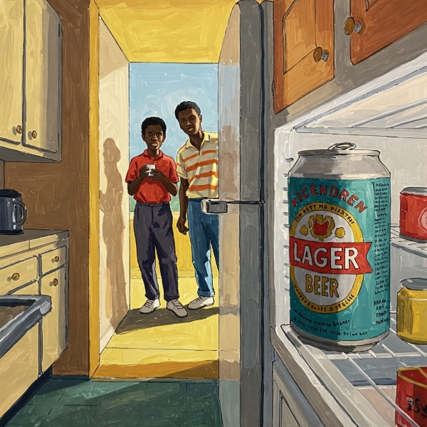 The image shows two Black characters in a sunlit kitchen, with a tin of beer in the refrigerator. It's in the vibrant, colorful style of David Hockney. Skendong Poetry