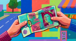 Astylized British banknote between two hands, set against a vibrant streetscape.