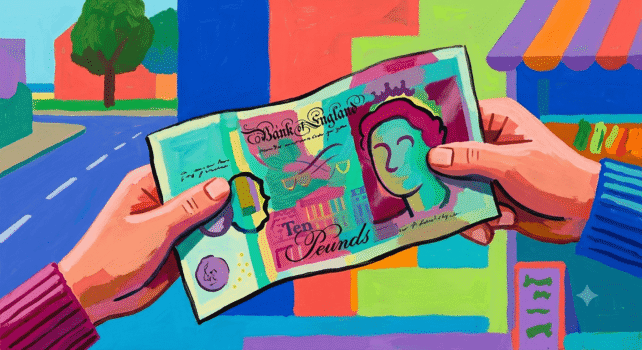 Astylized British banknote between two hands, set against a vibrant streetscape.