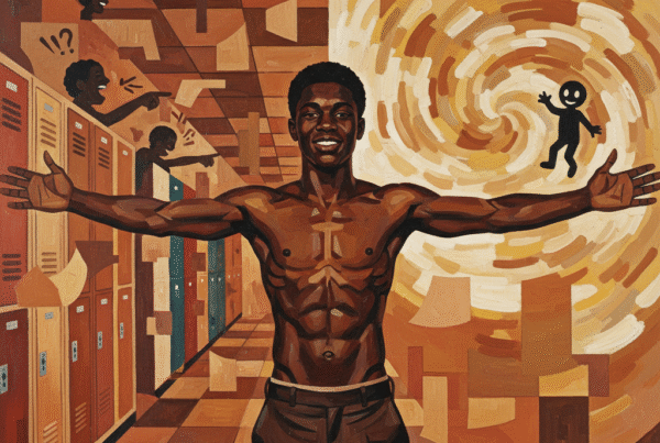 An abstract painting of a figure with a multi-shaded brown complexion, composed of vibrant, overlapping planes of color.