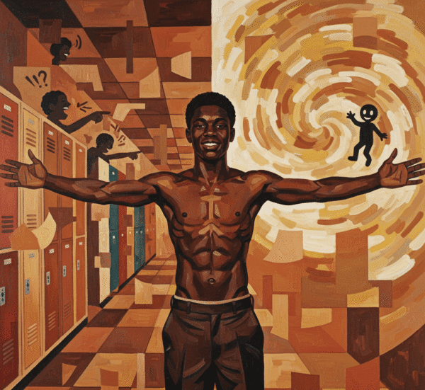 An abstract painting of a figure with a multi-shaded brown complexion, composed of vibrant, overlapping planes of color.