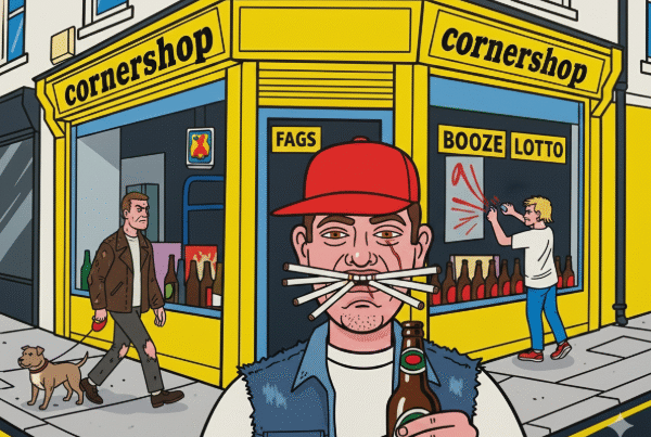 A colorful image of a man with many cigarettes in his mouth in front of a yellow corner shop.