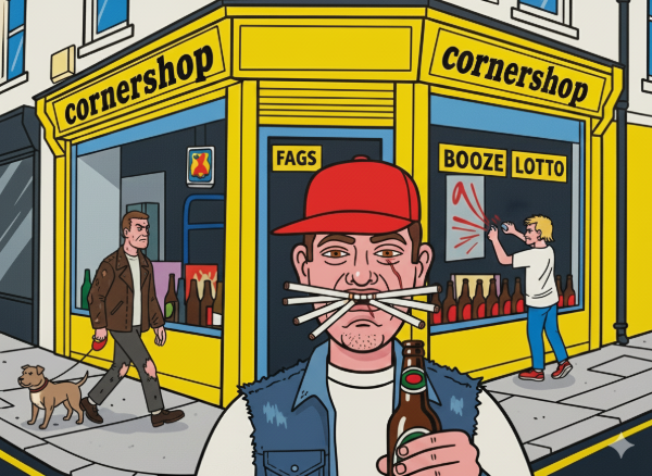 A colorful image of a man with many cigarettes in his mouth in front of a yellow corner shop.