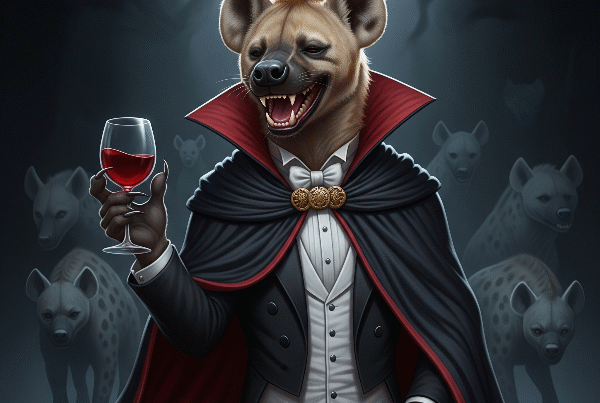 A spotted hyena in a tuxedo and cloak, holding a glass of wine, with ghostly hyena outlines in the background.