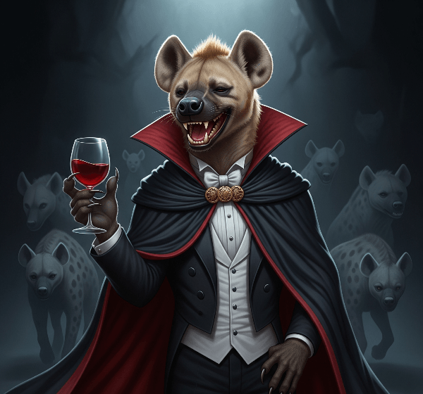 A spotted hyena in a tuxedo and cloak, holding a glass of wine, with ghostly hyena outlines in the background.