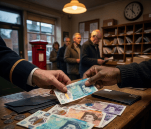 At a wooden post office counter, a postmaster's light-skinned hand exchanges a polymer banknote with a Black customer's hand.