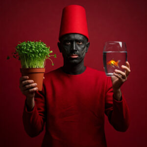 A person with a charcoal-blackened face, red hat and robe, holds watercress and a goldfish against a red background indicating Nowruz