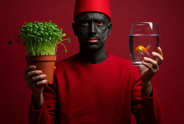 A person with a charcoal-blackened face, red hat and robe, holds watercress and a goldfish against a red background indicating Nowruz