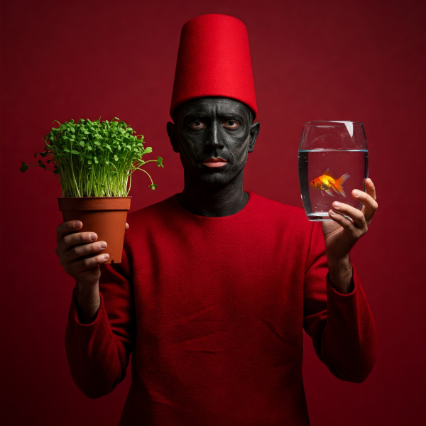A person with a charcoal-blackened face, red hat and robe, holds watercress and a goldfish against a red background indicating Nowruz