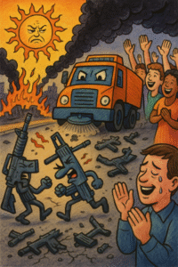 Image of AR-15's fighting in the street as the people cheer and a streetweeper ready to clean up the debris. Skendong Poetry