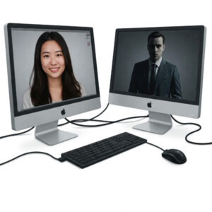 a woman smiling on a pc screen adjacent to another pc screen where the man looks a little sinister _skendong_poetry