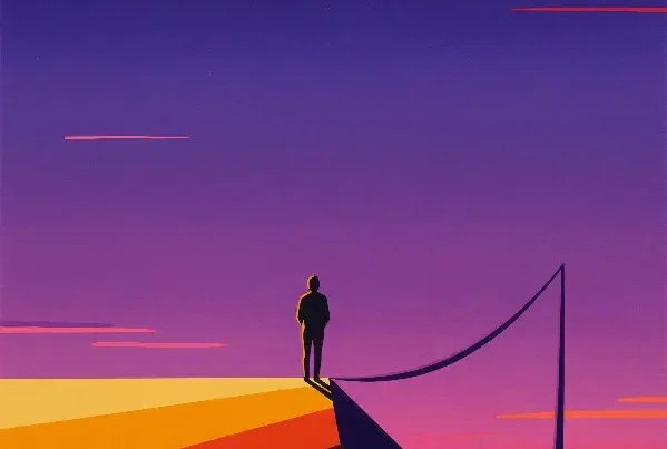 A lone person standing on a cliff or rooftop at twilight, gazing at a vast purple sky.